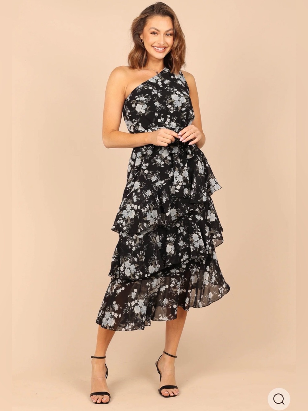 Black Floral One-Shoulder Ruffled Dress